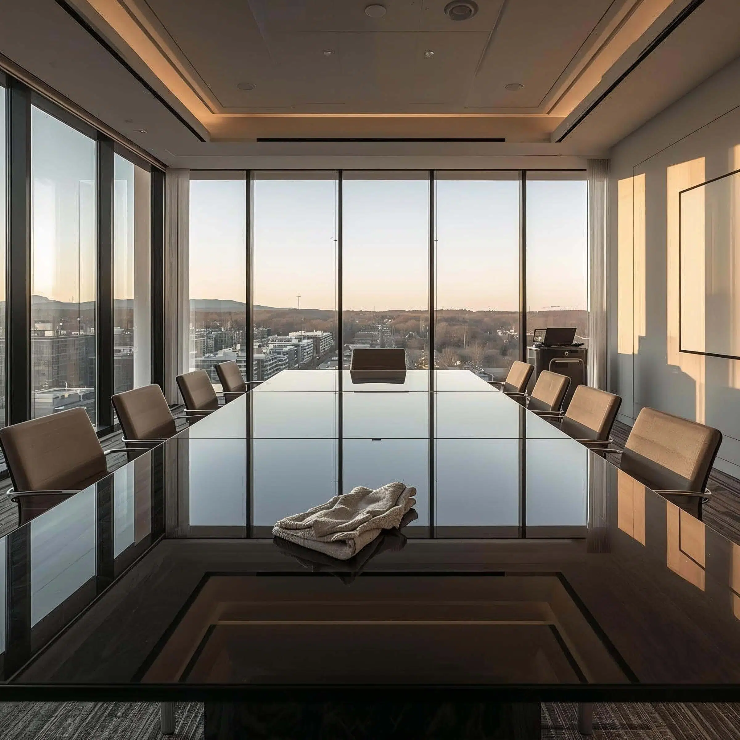 Conference room with a long table and windows