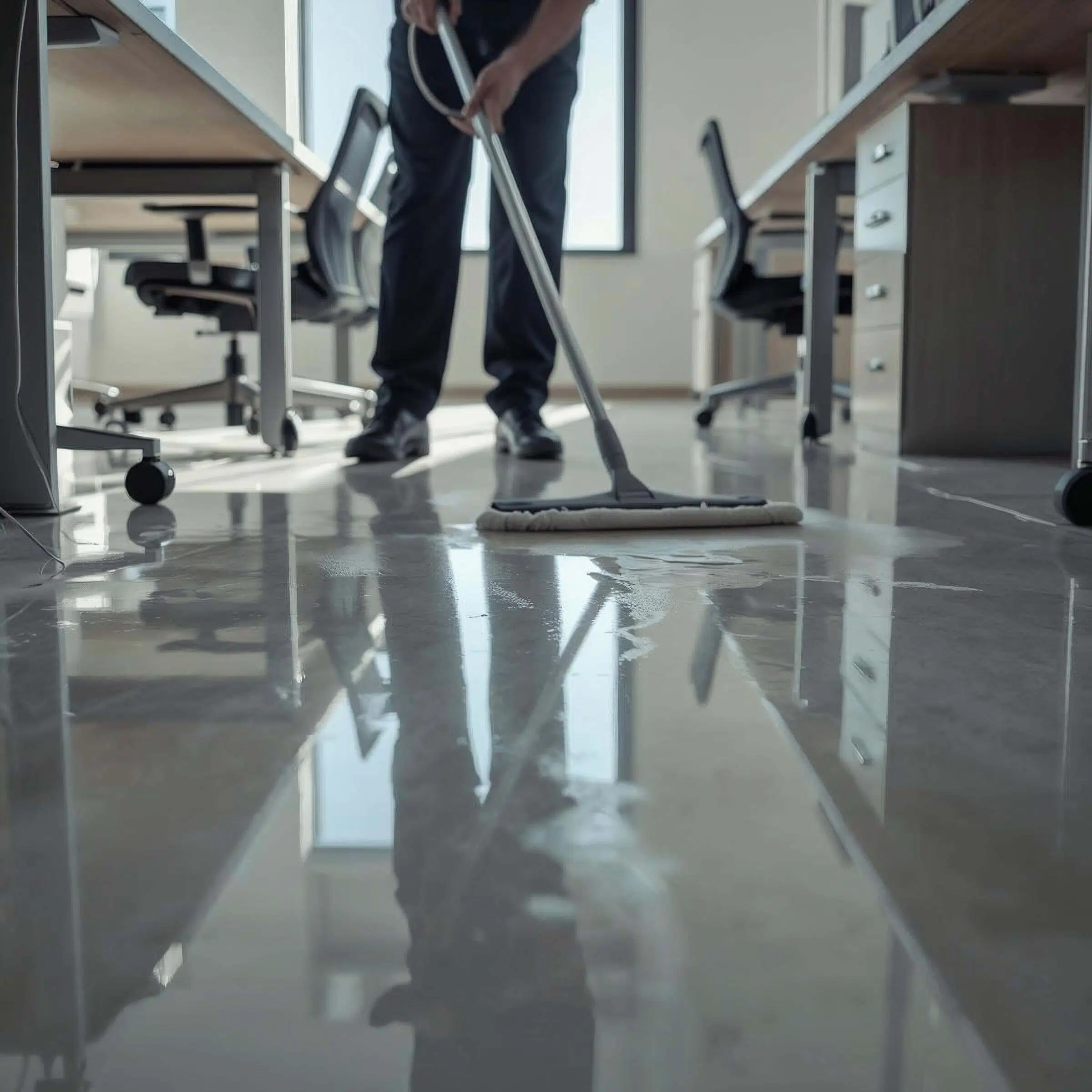 Cleaner mopping an office floor